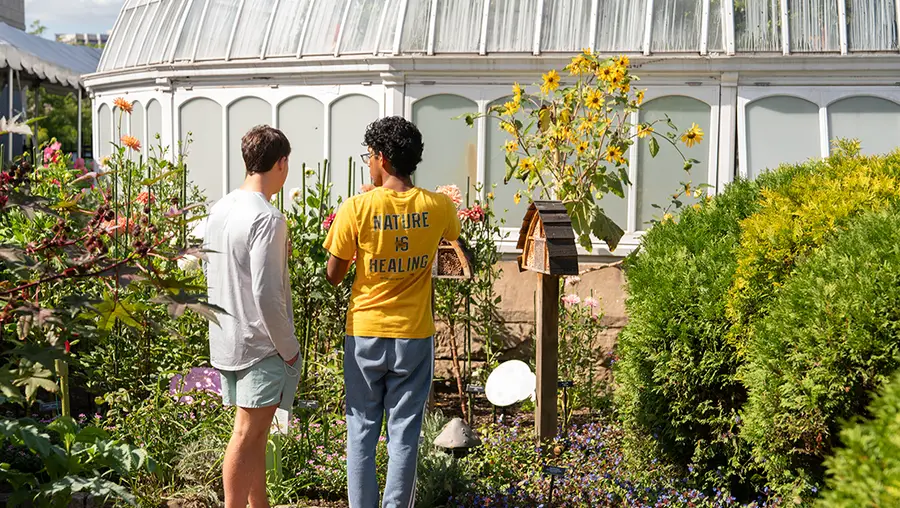 Two students stand in a garden with a small bee hotel they created