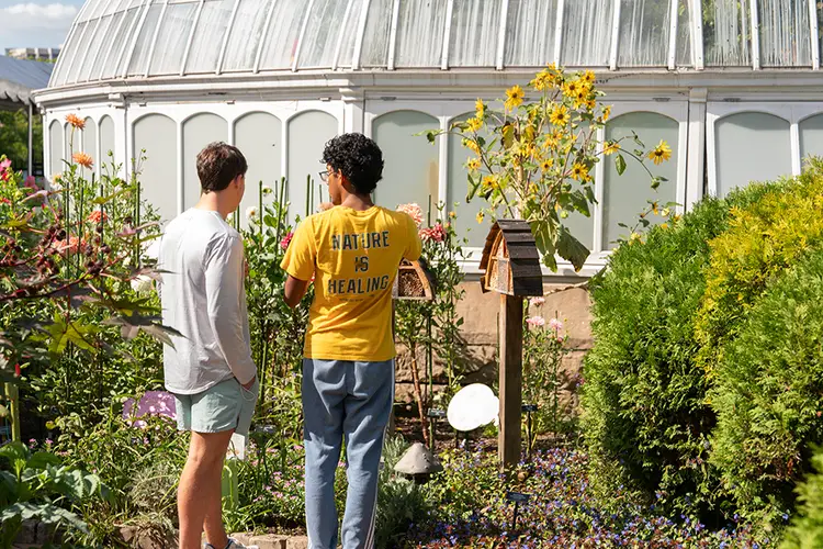 Two students stand in a garden with a small bee hotel they created