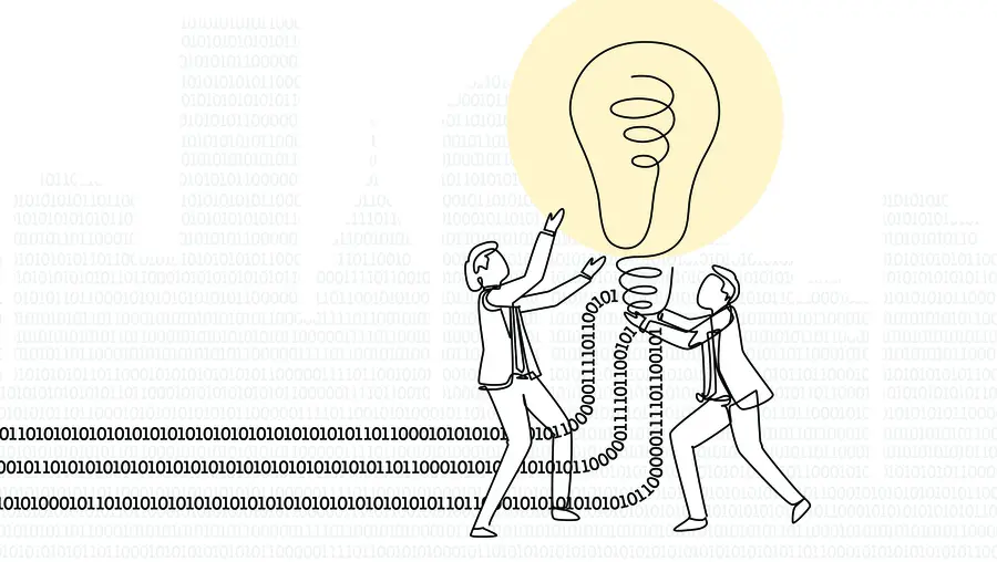 An illustration of two workers plugging binary lines into a lightbulb.
