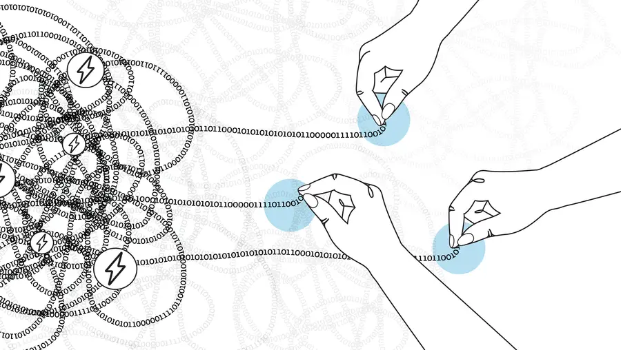 Hands untangle lines of binary code.