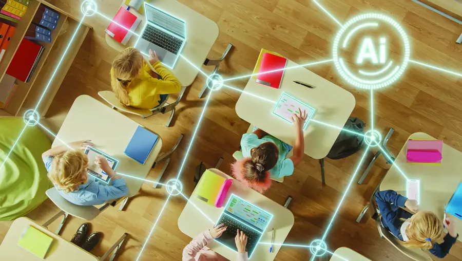 Overhead shot of students in a classroom using computers