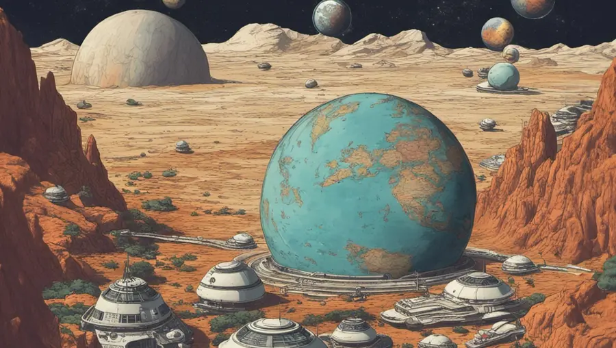 AI generated image of Earth embedded in the surface of another planet, buildings and roads surrounding it, with space and other planets in the background.