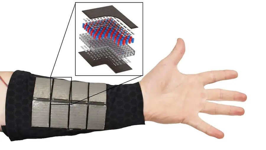 A diagram showing a hand wearing a new material system that can draw power from body heat.